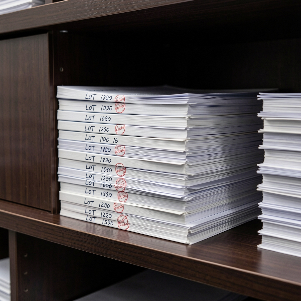 Stacked batch documentation folders with handwritten lot numbers and revision stamps on a dark wooden shelf in a controlled storage environment