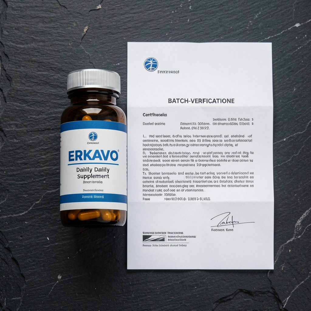 Erkavo daily supplement product: amber glass capsule vial with printed label on a dark stone surface alongside a folded batch-verification certificate, photographed under controlled overhead lighting