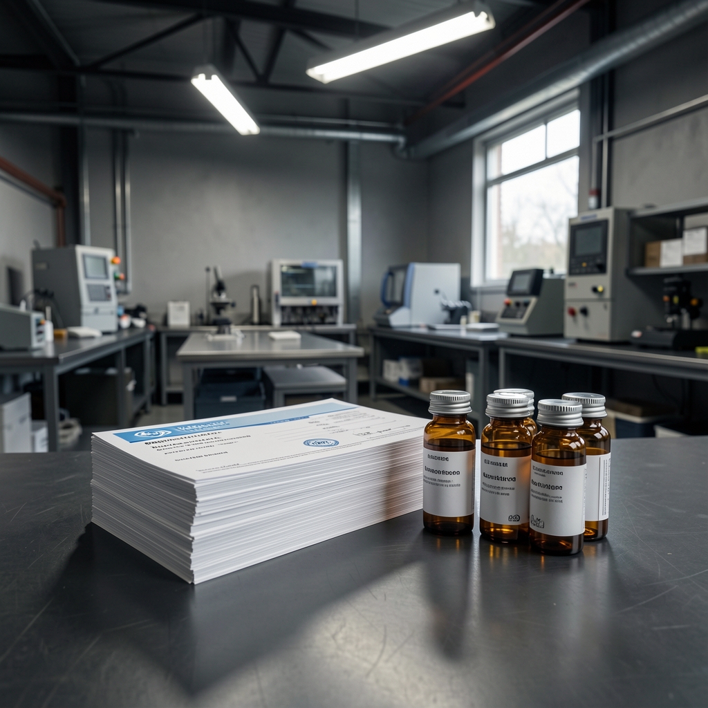 Stack of batch-verification certificates and lot documentation beside amber supplement vials on a dark industrial workspace with overhead lighting