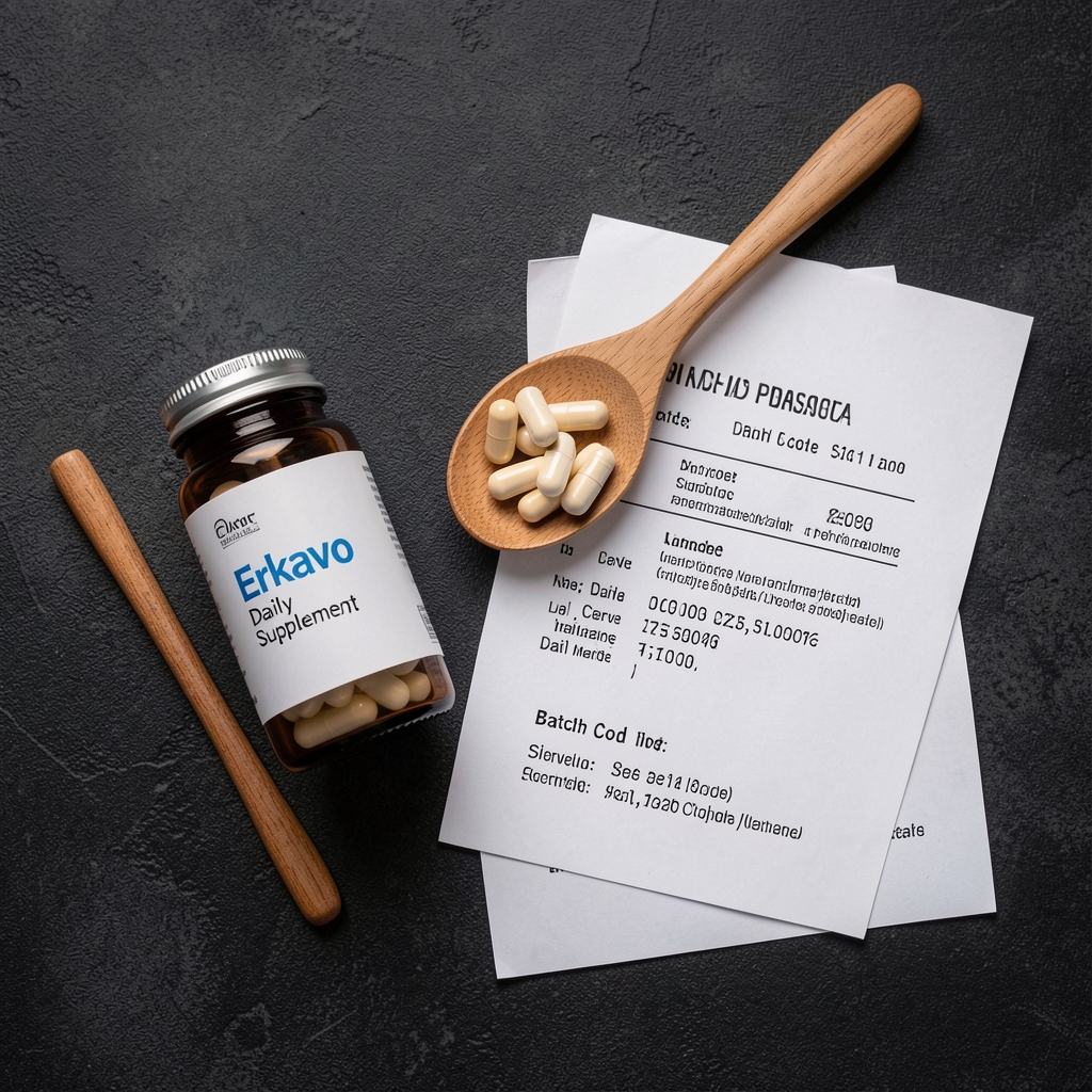 Erkavo daily supplement product flatlay showing capsule vial, single-serve daily measure in a wooden spoon, and batch code print documentation on a dark textured surface